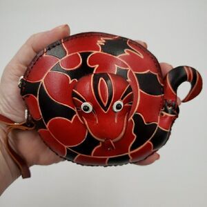 Red Snake Zip Coin Purse Pouch Handmade Leather Wristlet Wallet Animal Bag Charm
